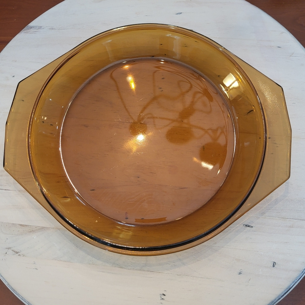 Vintage Arcopal France Amber Glass Pie Plate  Casserole Lid 8 1/2" Round Retro